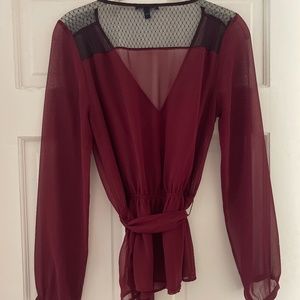 Express Burgundy Faux-Wrap Sheer Blouse